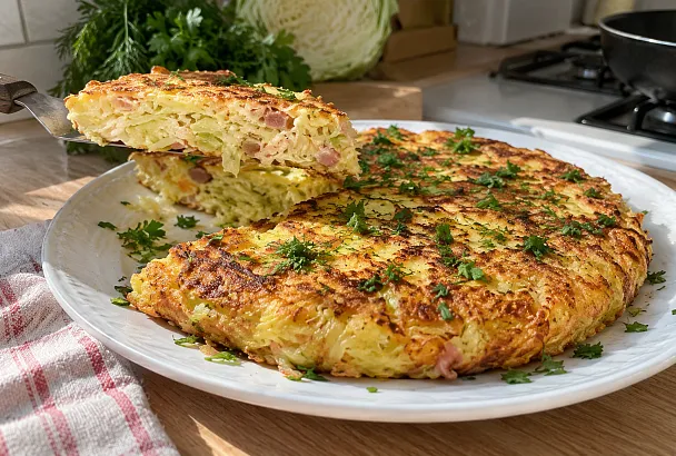 Сытный омлет с капустой, колбасой и сыром: завтрак за 15 минут
