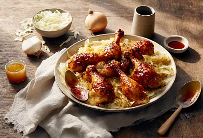 Обжариваю голени, запекаю под фольгой — а капусту тушу на квасе и получаю гарнир, который затмевает всё