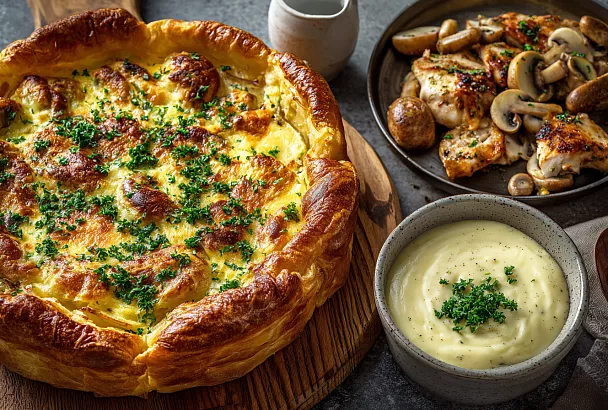 Размяла картошку в форме, сверху курица и грибы — пирог-жюльен сочный, как в ресторане