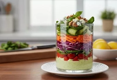 Необычная подача салата в стакане избавит от мытья тарелок