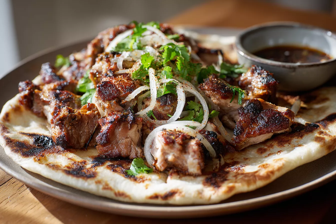 Запечённая свинина по-грузински: сочные кусочки с луком, зеленью и сацебели