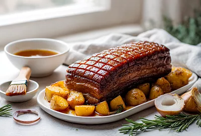 Надрезаю грудинку, мариную в соусе с мёдом и запекаю с картошкой — мясо тает во рту!