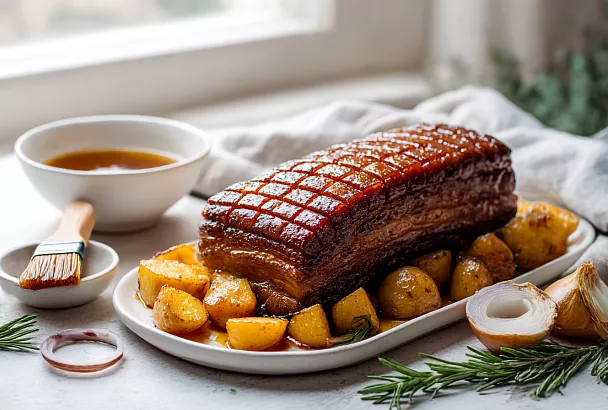 Надрезаю грудинку, мариную в соусе с мёдом и запекаю с картошкой — мясо тает во рту!