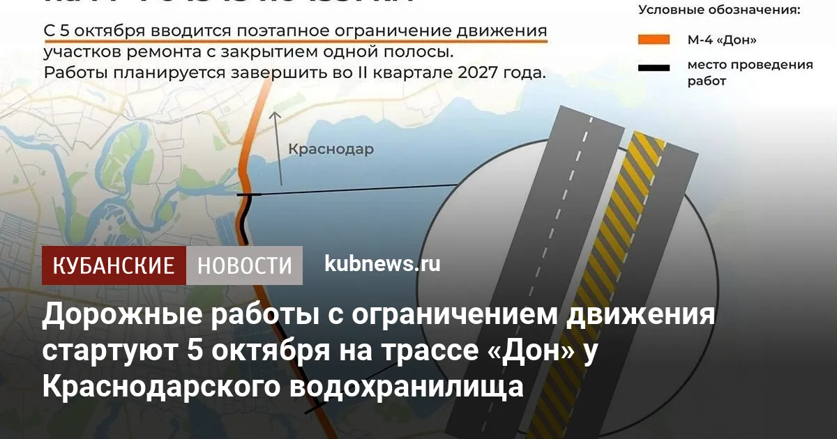 Дорожные работы с ограничением движения стартуют 5 октября на трассе «Дон» у Краснодарского водохранилища