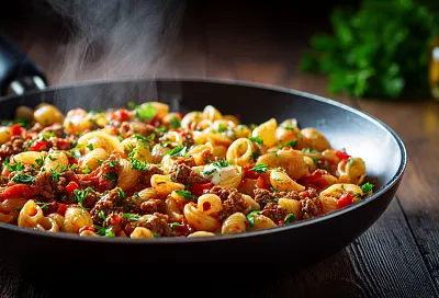 Макароны с фаршем и мясной подливой на одной сковороде — быстро, вкусно и сытно
