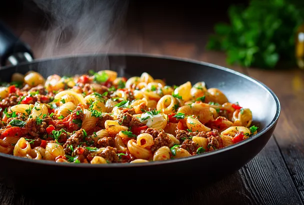 Макароны с фаршем и мясной подливой на одной сковороде — быстро, вкусно и сытно