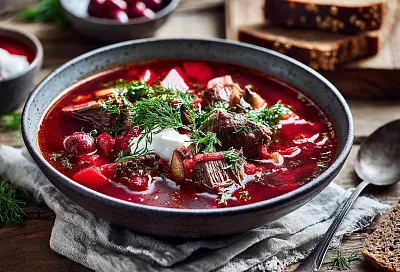 Борщ с вишней и белыми грибами — такой яркий и ароматный, что соседи уже стучатся от запаха