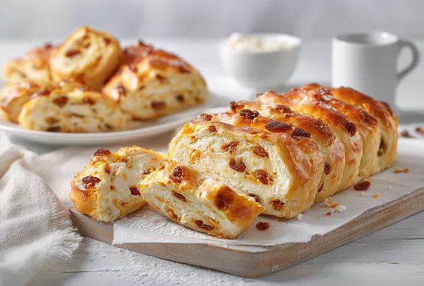 Ленивые сочники с творогом и изюмом – закручиваем рулетом, режем и 30 минут в духовке, нежные как облачко