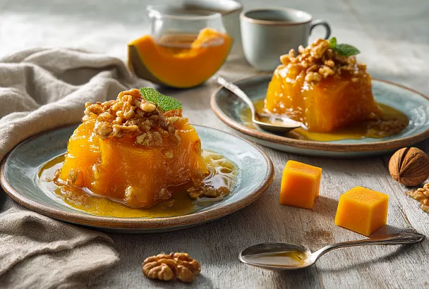 Засыпаю тыкву сахаром, жду сок и увариваю в сиропе — получаются мармеладные дольки по-турецки с орехами