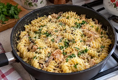 Паста с курицей и грибами: готовим сливочный соус с белым вином