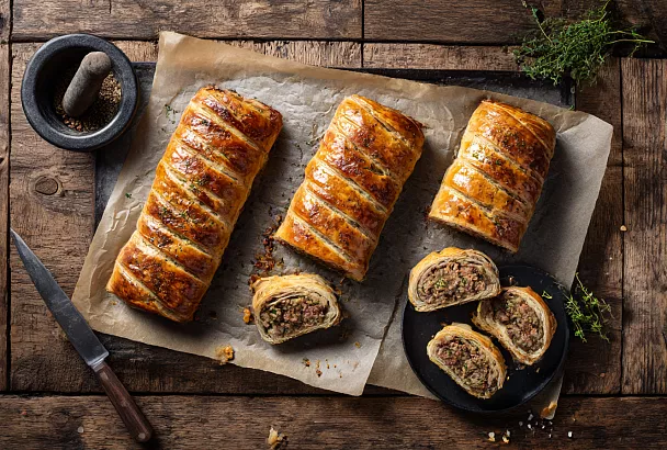 Мясные слоёные рулеты из теста на кефире