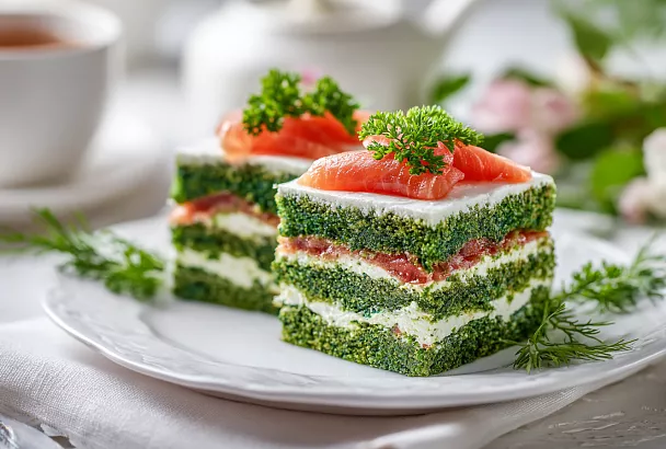 Закусочный торт со шпинатом и рыбой готов за 15 минут: выложила крем на зелёный корж, и на столе яркий праздничный хит