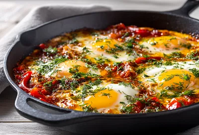 Шакшука по-домашнему: яйца в томатном соусе с перцем и специями — как в кафе