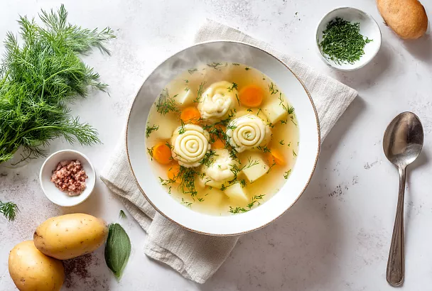 Гениальный немецкий суп - раскатываю тесто с укропом, заворачиваю фарш и кидаю в бульон — через 20 минут готово