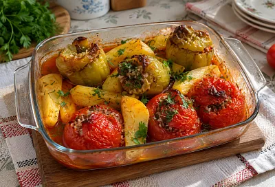 Наполняем помидоры и перцы мясом с рисом: готовим греческую гемисту с картофелем