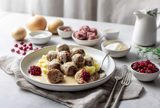 Шведские фрикадельки со сливочным соусом и ягодным джемом: дети будут в восторге