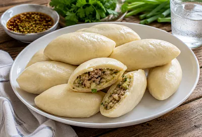 Замешиваю мягкое тесто и кладу внутрь мясо с капустой: готовлю сочные пигоди на пару