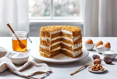 Нагреваю мёд с содой на огне, добавляю в тесто — коржи выходят пышными, а торт тает во рту!