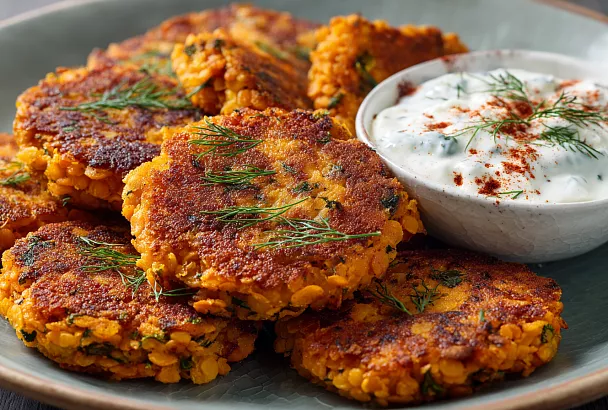 Котлеты из красной чечевицы на сковороде с нежным йогуртовым соусом