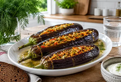 Фарширую баклажаны морковью и перцем, затем оставляю в рассоле: получается пикантная закуска