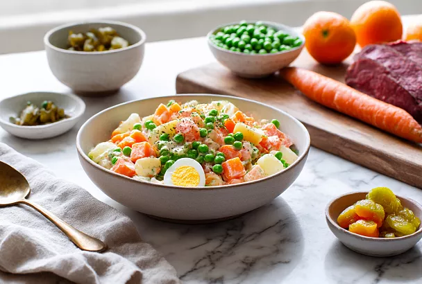 Запекаю картошку с морковкой в фольге и добавляю сок мандарина в майонез — Оливье получается ярким и лёгким!