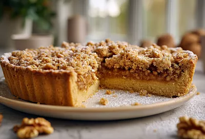 Ореховый рассыпчатый пирог с крошкой сверху: добавила орехи в начинку, и вкус получился как у халвы