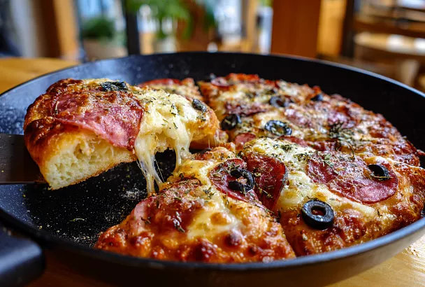 Пицца на сковороде без духовки и дрожжей: добавила кефир и сметану в тесто, и корж получился воздушным с хрустящей корочкой