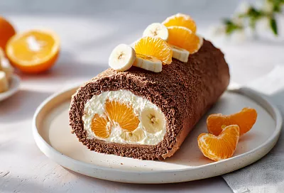 Рулет без выпечки с мандаринами: заменила сахар на банан в основе, и десерт получился нежным с фруктовой свежестью