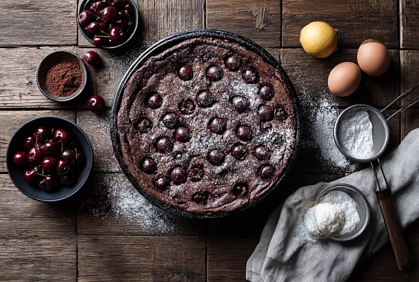 Этот шоколадный клафути с вишней выглядит «как из кондитерской», а тесто — почти как на блины