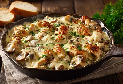 Ленивый сливочный жульен с грибами и курицей – нежный, ароматный, готовится на одной сковороде за 20 минут