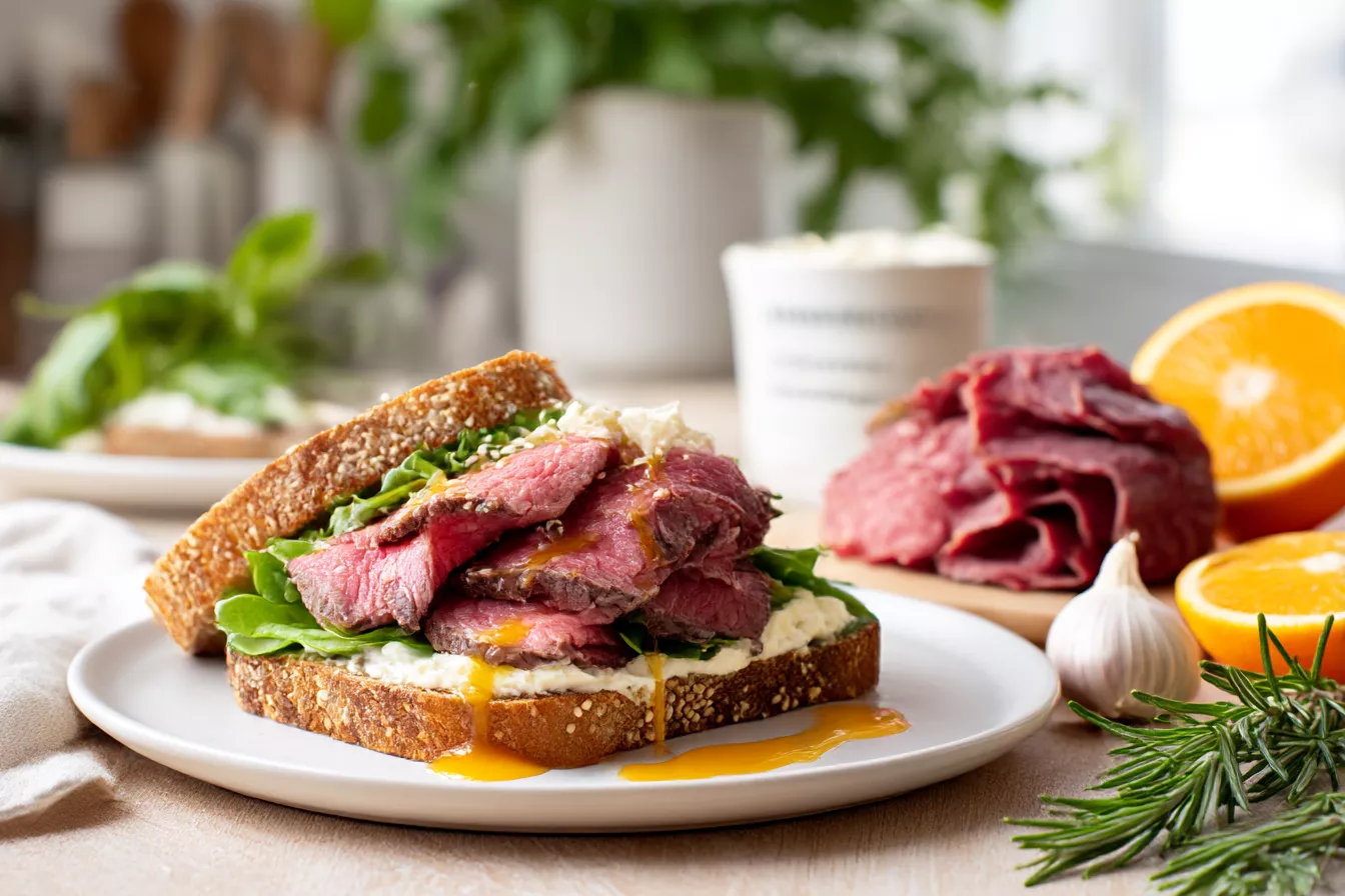 Ростбиф для завтрака: тонкая нарезка и сэндвич с крем-сыром и апельсиновой заправкой