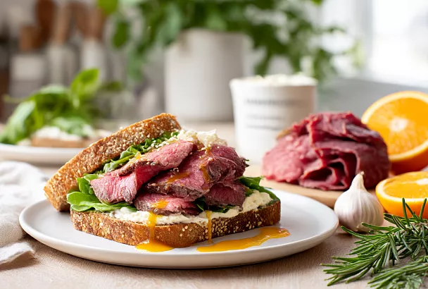 Ростбиф для завтрака: тонкая нарезка и сэндвич с крем-сыром и апельсиновой заправкой