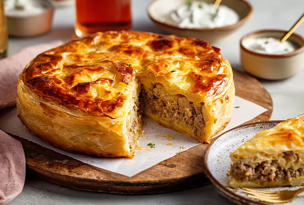 Готовлю слоёный мясной пирог с хрустящей корочкой: без дрожжей и яиц, проще не бывает