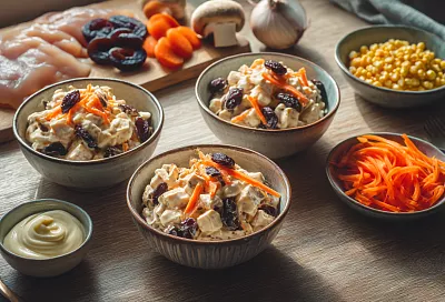 Смешиваю курицу с черносливом и маринованным луком — получается самый нежный салат!