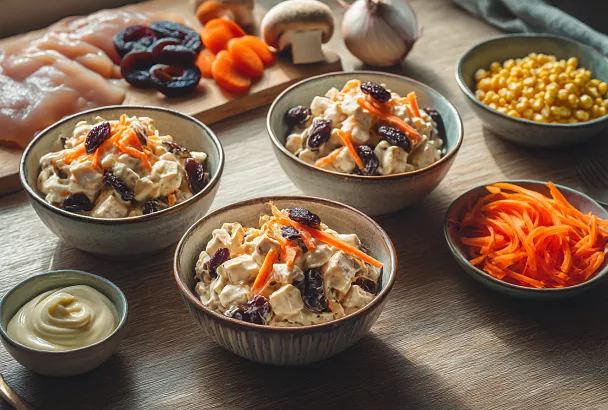 Смешиваю курицу с черносливом и маринованным луком — получается самый нежный салат!