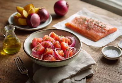 Сугудай из горбуши - нарезаю рыбу кусочками, пересыпаю луком с уксусом 