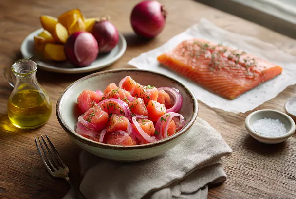 Сугудай из горбуши - нарезаю рыбу кусочками, пересыпаю луком с уксусом 