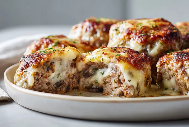 Невероятно нежные запечённые котлеты с грибной начинкой: сырная шапка сверху и сочные грибы внутри покорили всю семью