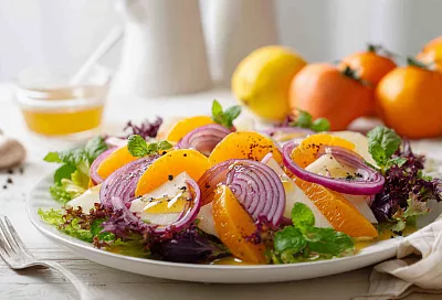 Праздничный хрустящий салат – лук, яблоко и хурма в кисло-сладком соусе