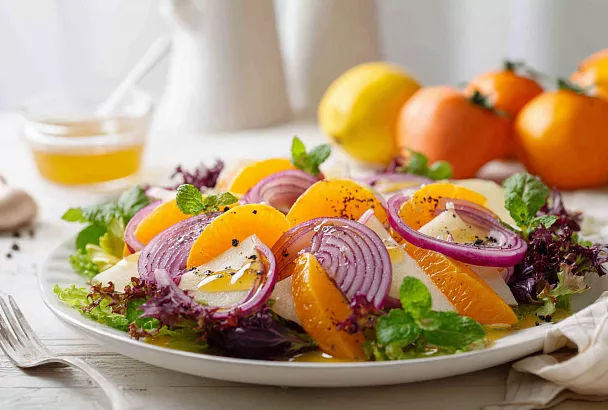 Праздничный хрустящий салат – лук, яблоко и хурма в кисло-сладком соусе