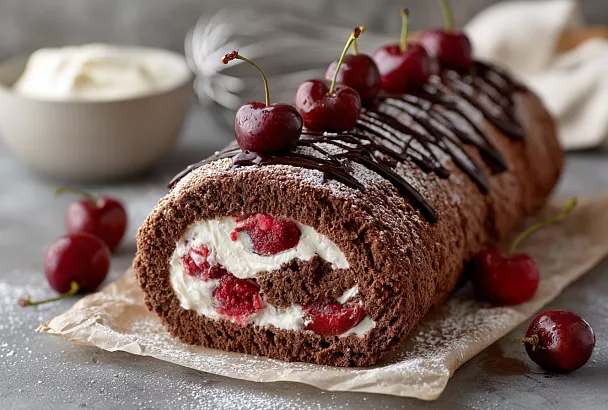 Шоколадный рулет с вишней: десерт за 25 минут без возни