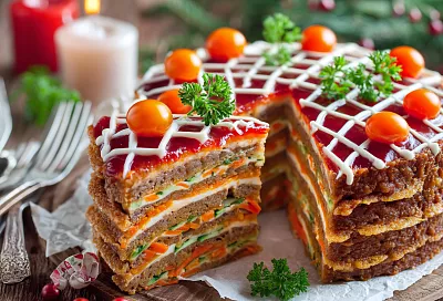 Печёночный торт с огурцом и морковкой – гости просят добавки на празднике
