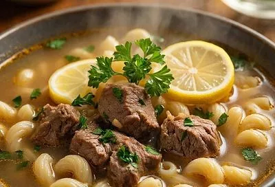 Бабушкин суп с мясом и макаронами готовлю в одной кастрюле, так что мыть лишнюю посуду не придется. Уже через полчаса подаю сытное и горячее блюдо