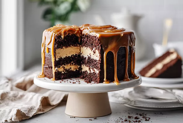 Шоколадный торт с карамелью — пропитан ромом, нежнее и вкуснее «Праги»