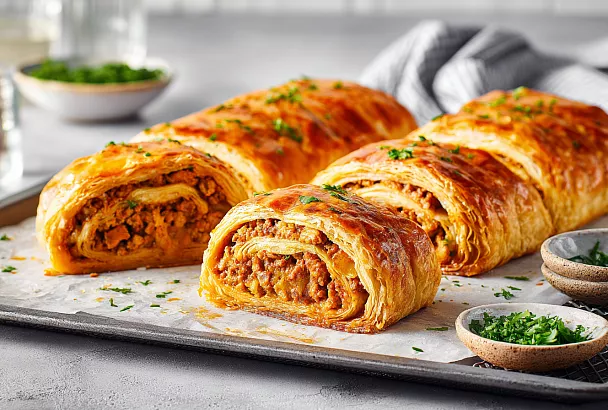 Слоёные мясные рулеты – хрустящее тесто, сочная начинка с курицей и говядиной, тают во рту как пирожки из детства