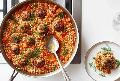 Перловка с овощами и куриными котлетками на одной сковороде