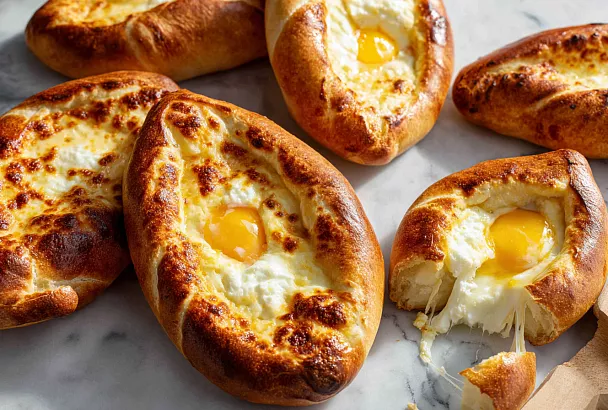 Аджарские хачапури-лодочки с двойным сыром – желток тает, тесто пышное, а сыр тянется на полметра