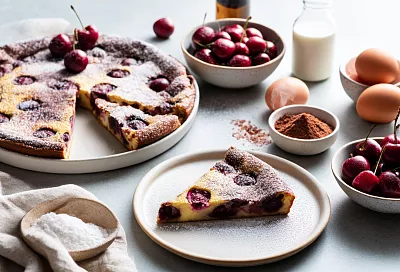 Заливаю черешню двухцветным тестом — получается нежный французский клафути с ванилью и шоколадом!