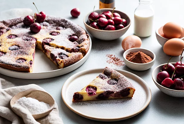 Заливаю черешню двухцветным тестом — получается нежный французский клафути с ванилью и шоколадом!