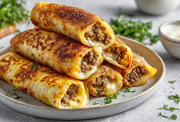 Рулетики из лаваша с фаршем и сыром, как чебуреки, только сочнее: обваляла в кляре, и корочка получилась хрустящей с сырной начинкой